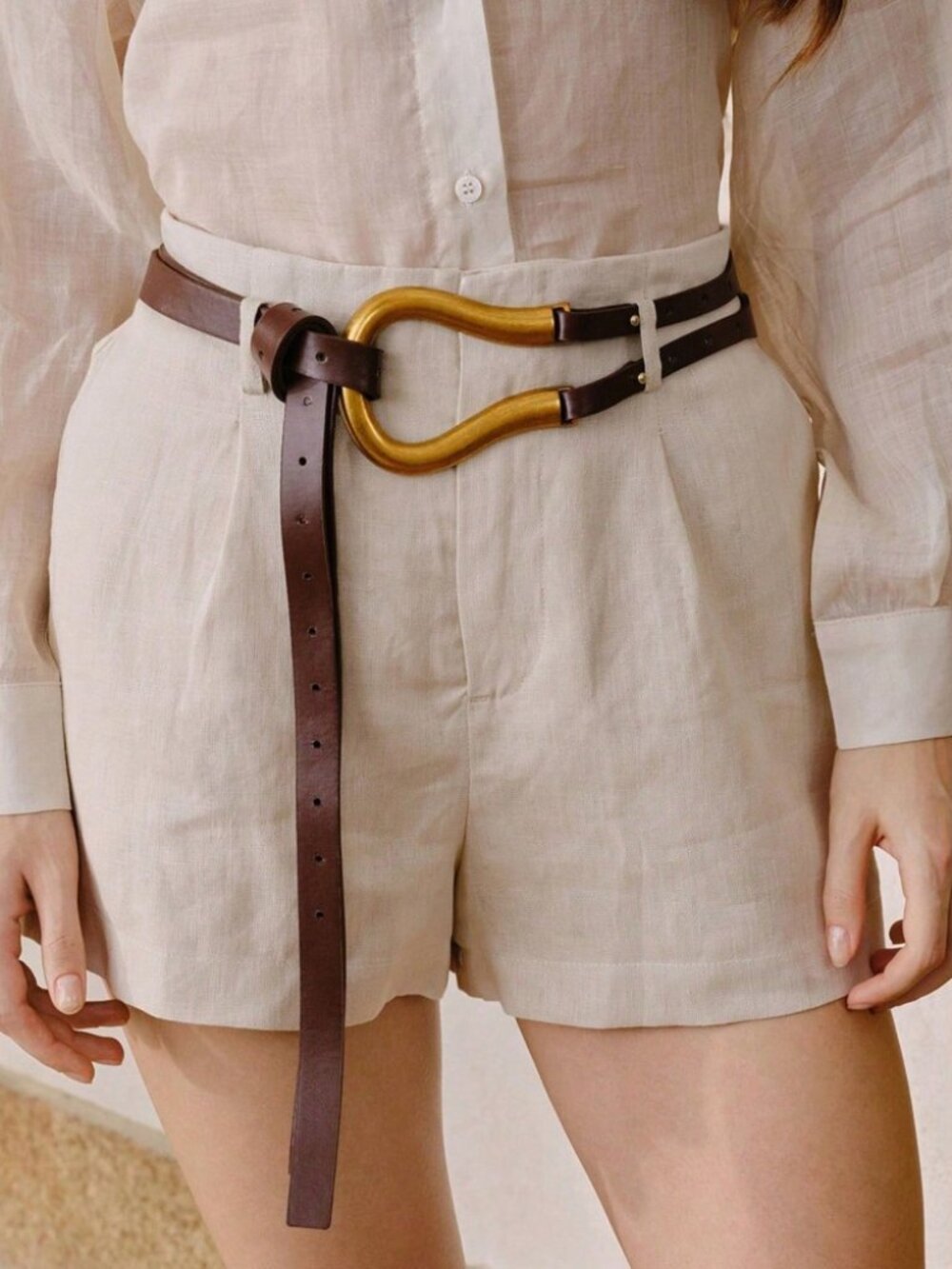 Brown Faux Leather Belt with Sculptural Gold Horseshoe Buckle